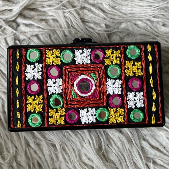 Edie Parker Mirrored Black Multicolor Embroidered Acrylic Rectangular Clutch Bag - Picture 1 of 7